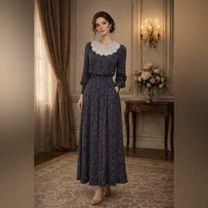 VTG Regencycore London Paris New York Polka Dots Navy Lace Collar Dress Sz 10